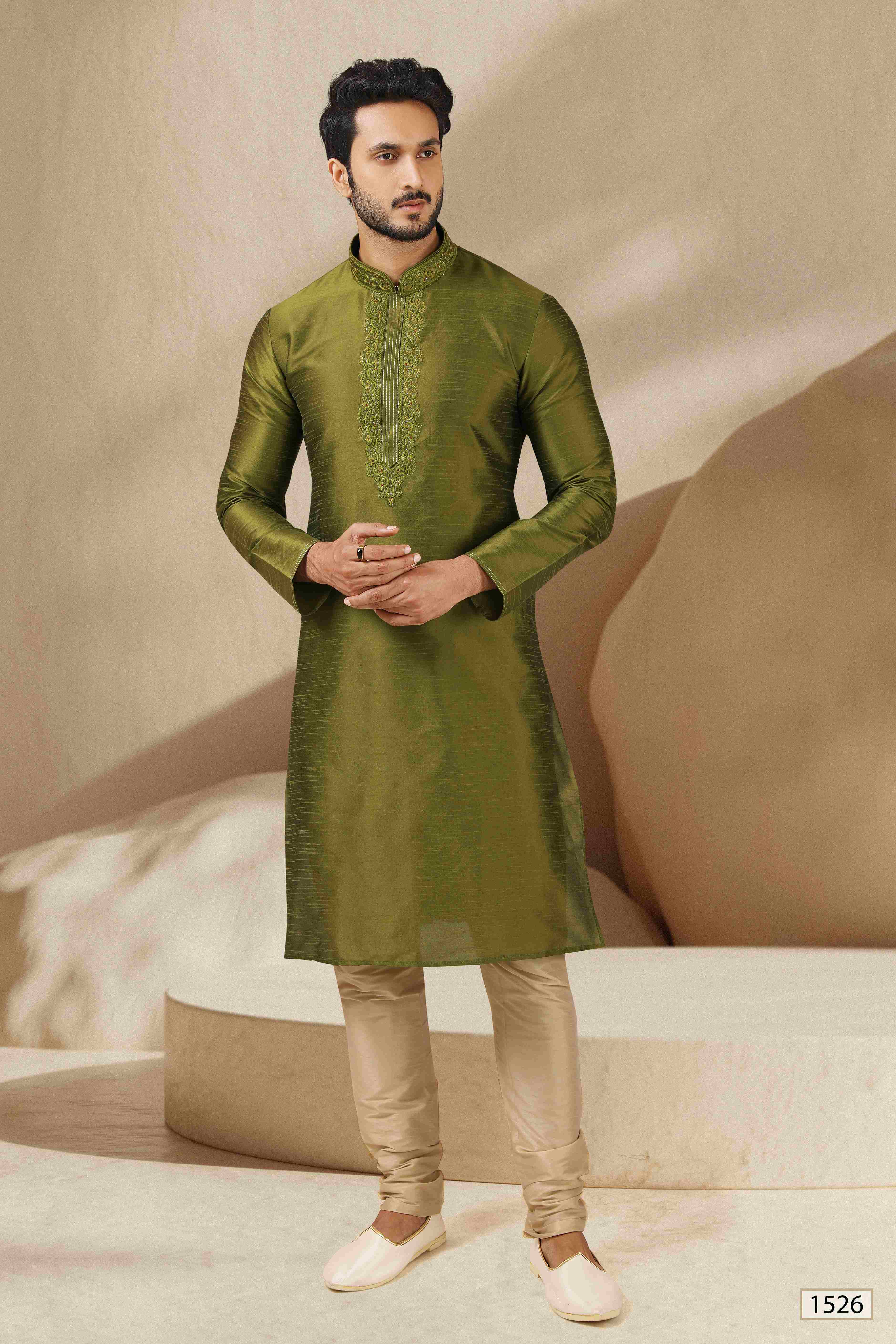 Raivat Ethnic Banarasi Art Silk Thread Work Kurta Pajama In Green Colour | Grocsy