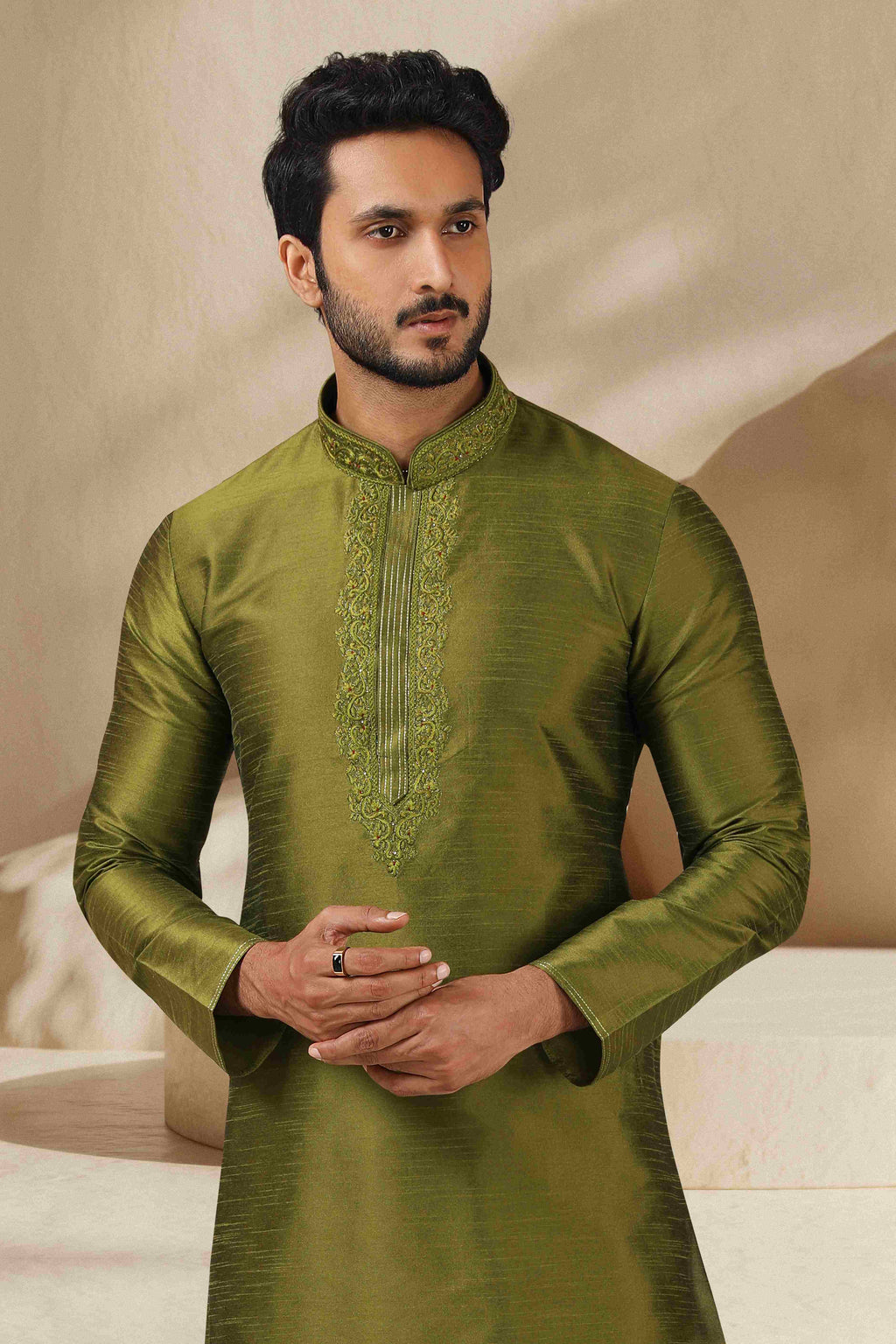 Raivat Ethnic Banarasi Art Silk Thread Work Kurta Pajama In Green Colour | Grocsy