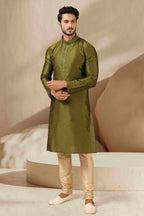 Raivat Ethnic Banarasi Art Silk Thread Work Kurta Pajama In Green Colour | Grocsy