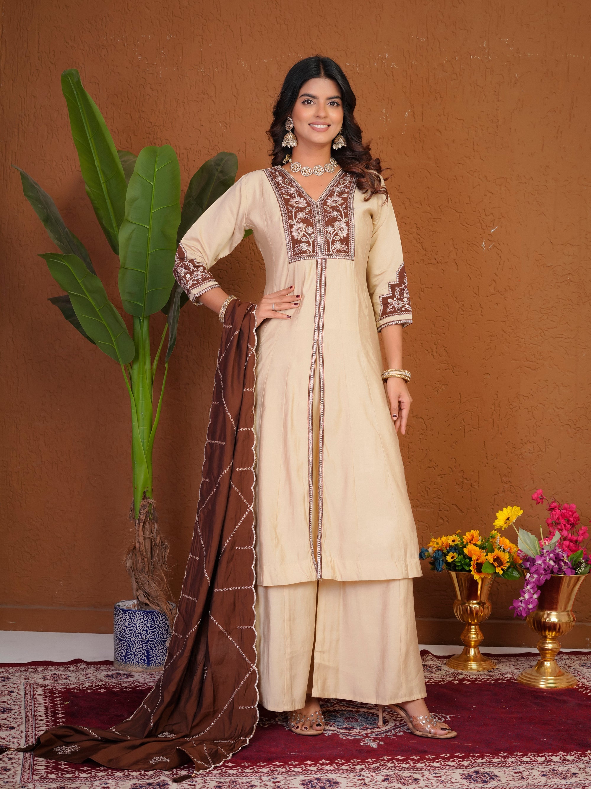 Lorenvalley Fashion Cream Roman Silk Multi Embroidery Thread With Beautiful Hand Work Kurta Palazzo Dupatta | Grocsy