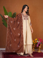 Lorenvalley Fashion Cream Roman Silk Multi Embroidery Thread With Beautiful Hand Work Kurta Palazzo Dupatta | Grocsy