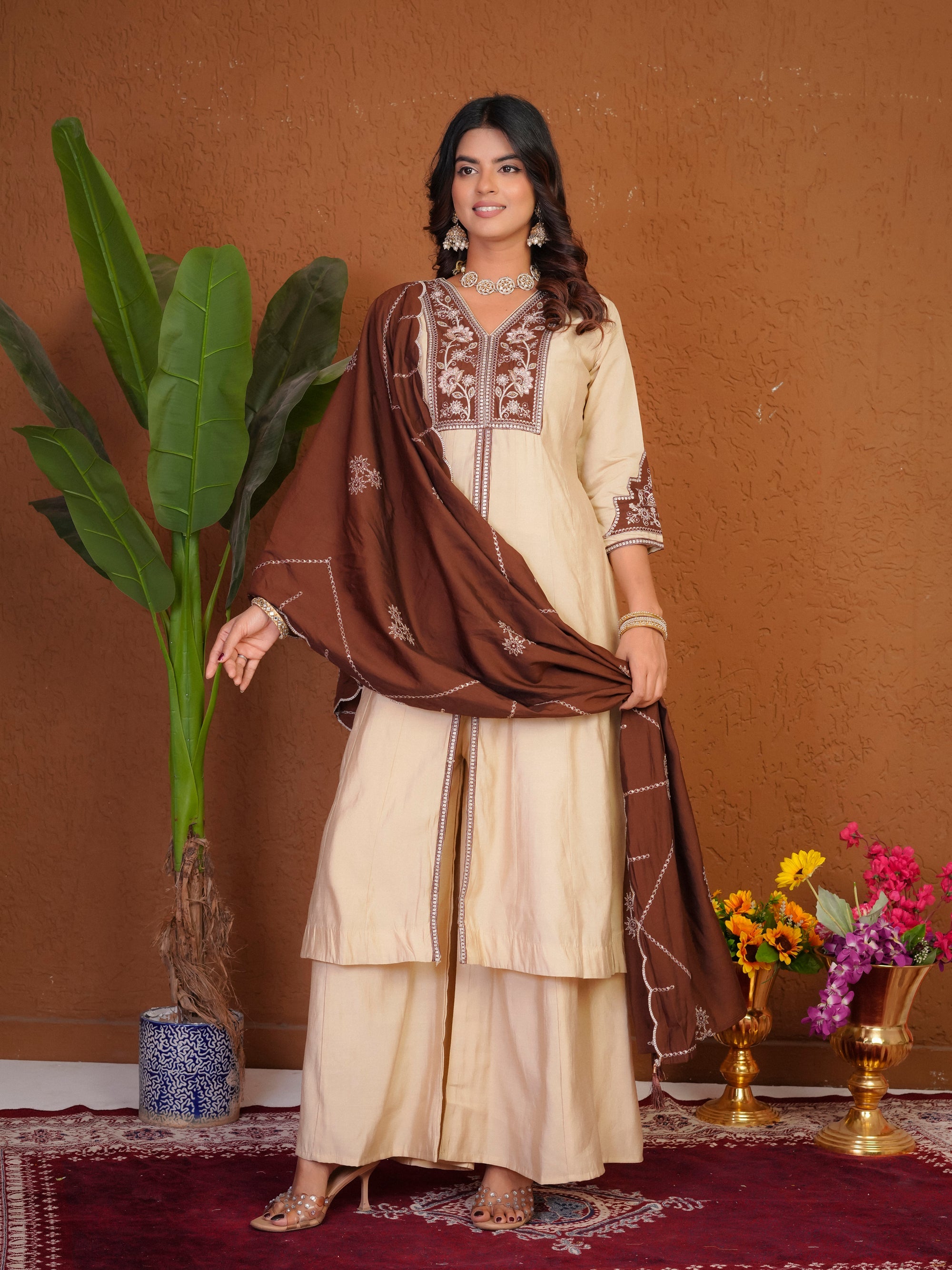 Lorenvalley Fashion Cream Roman Silk Multi Embroidery Thread With Beautiful Hand Work Kurta Palazzo Dupatta | Grocsy