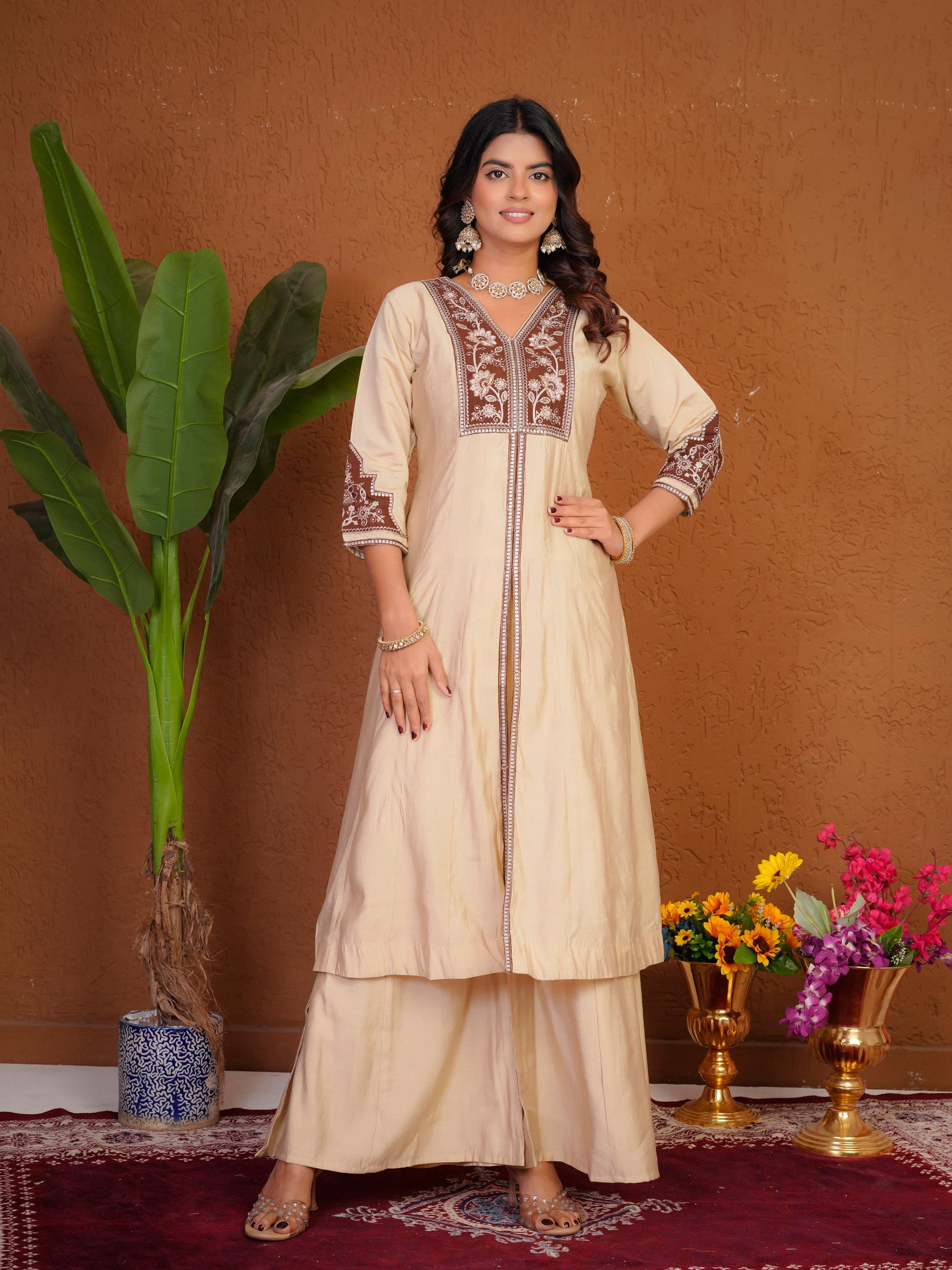 Lorenvalley Fashion Cream Roman Silk Multi Embroidery Thread With Beautiful Hand Work Kurta Palazzo Dupatta | Grocsy