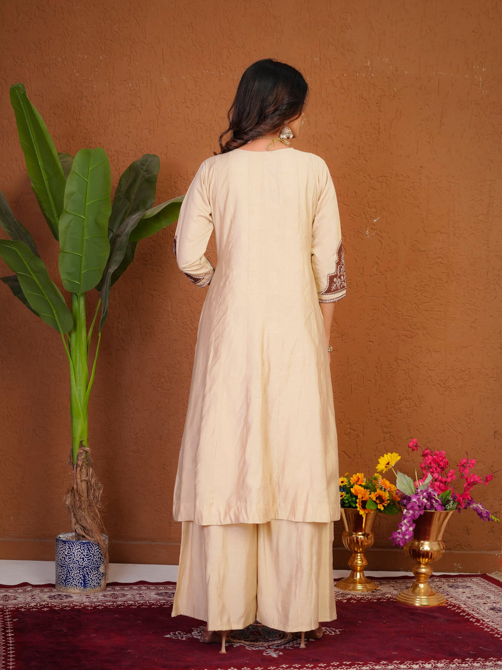 Lorenvalley Fashion Cream Roman Silk Multi Embroidery Thread With Beautiful Hand Work Kurta Palazzo Dupatta | Grocsy