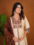 Lorenvalley Fashion Cream Roman Silk Multi Embroidery Thread With Beautiful Hand Work Kurta Palazzo Dupatta | Grocsy