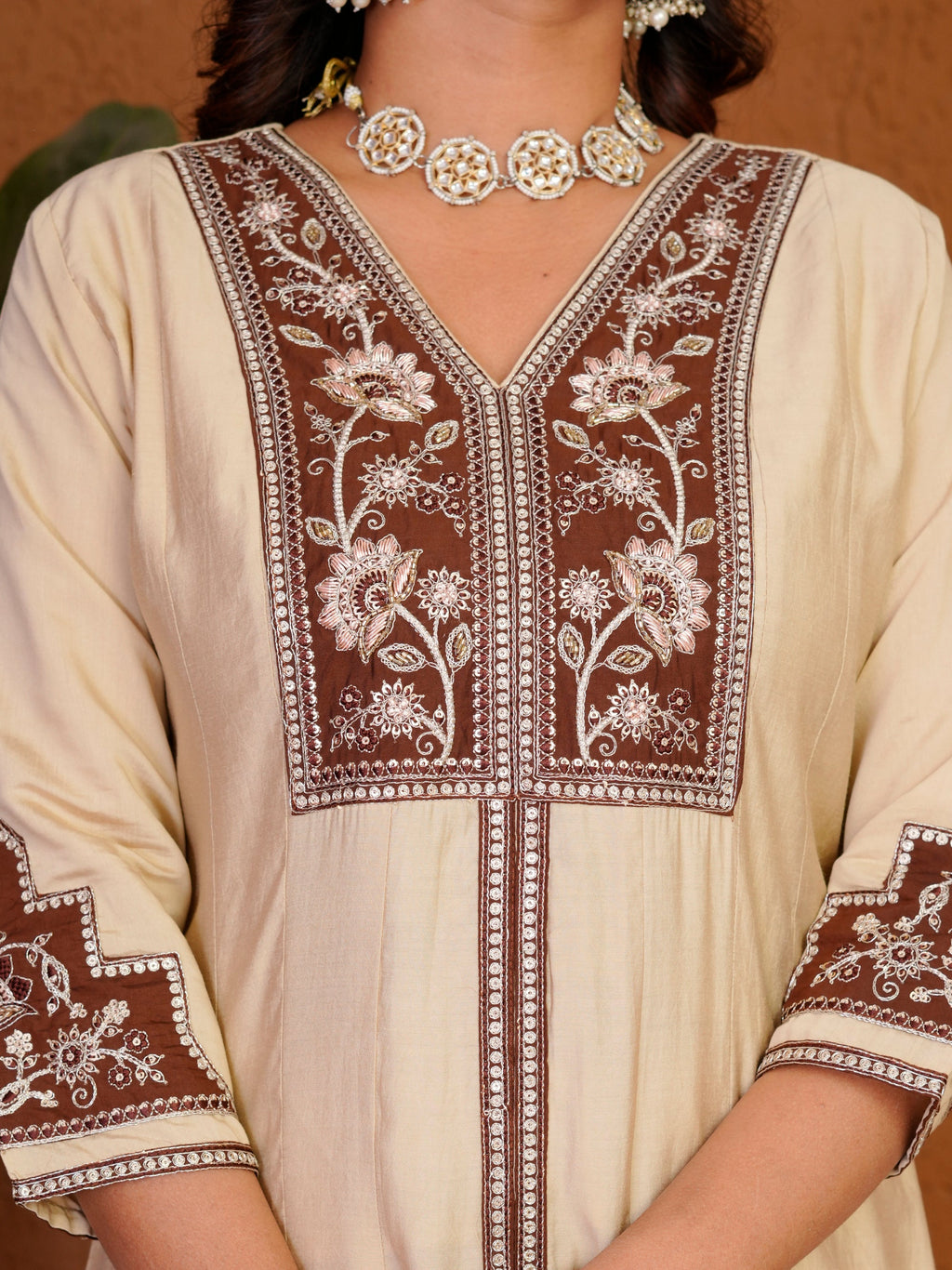 Lorenvalley Fashion Cream Roman Silk Multi Embroidery Thread With Beautiful Hand Work Kurta Palazzo Dupatta | Grocsy