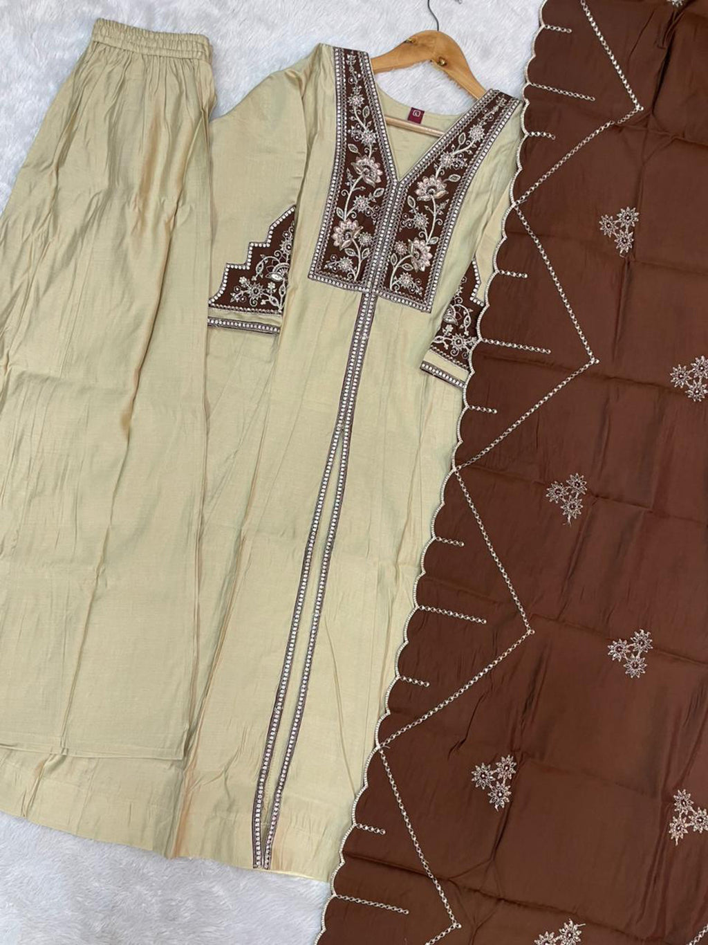 Lorenvalley Fashion Cream Roman Silk Multi Embroidery Thread With Beautiful Hand Work Kurta Palazzo Dupatta | Grocsy