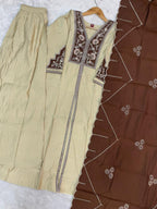 Lorenvalley Fashion Cream Roman Silk Multi Embroidery Thread With Beautiful Hand Work Kurta Palazzo Dupatta | Grocsy