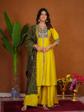 Lorenvalley Fashion Mustard Roman Silk Multi Embroidery Thread With Beautiful Hand Work Kurta Palazzo Dupatta | Grocsy