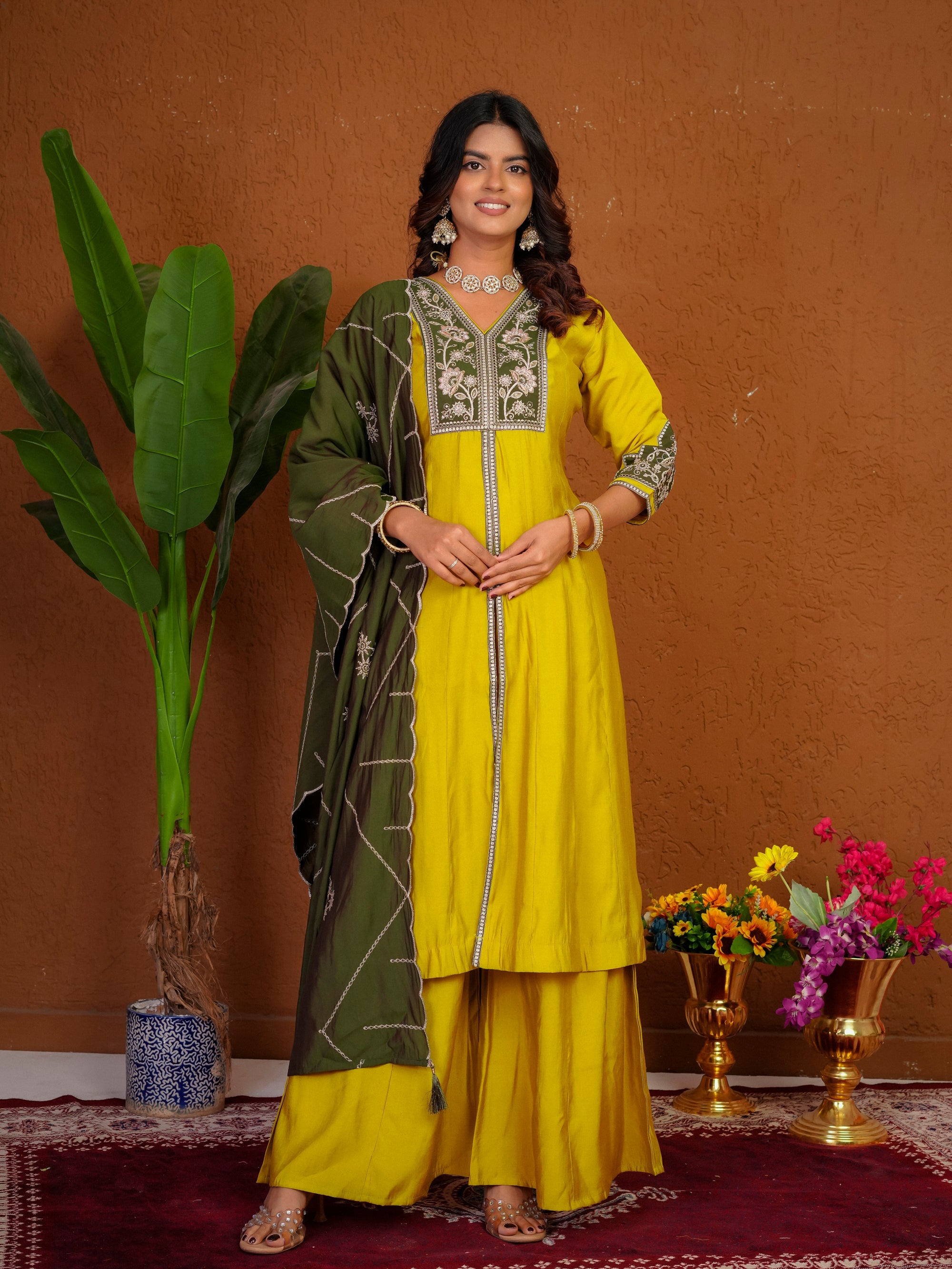 Lorenvalley Fashion Mustard Roman Silk Multi Embroidery Thread With Beautiful Hand Work Kurta Palazzo Dupatta | Grocsy