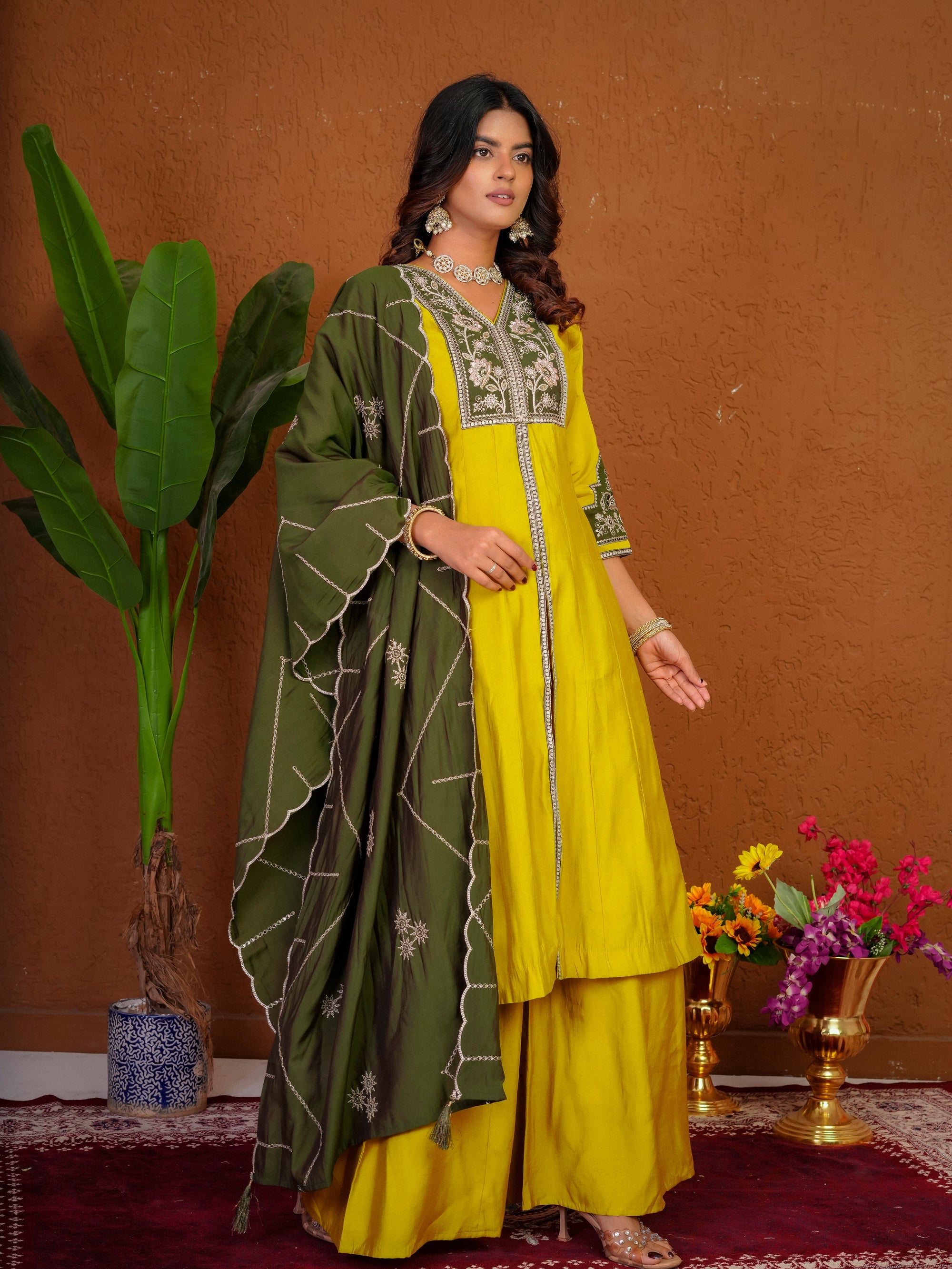 Lorenvalley Fashion Mustard Roman Silk Multi Embroidery Thread With Beautiful Hand Work Kurta Palazzo Dupatta | Grocsy