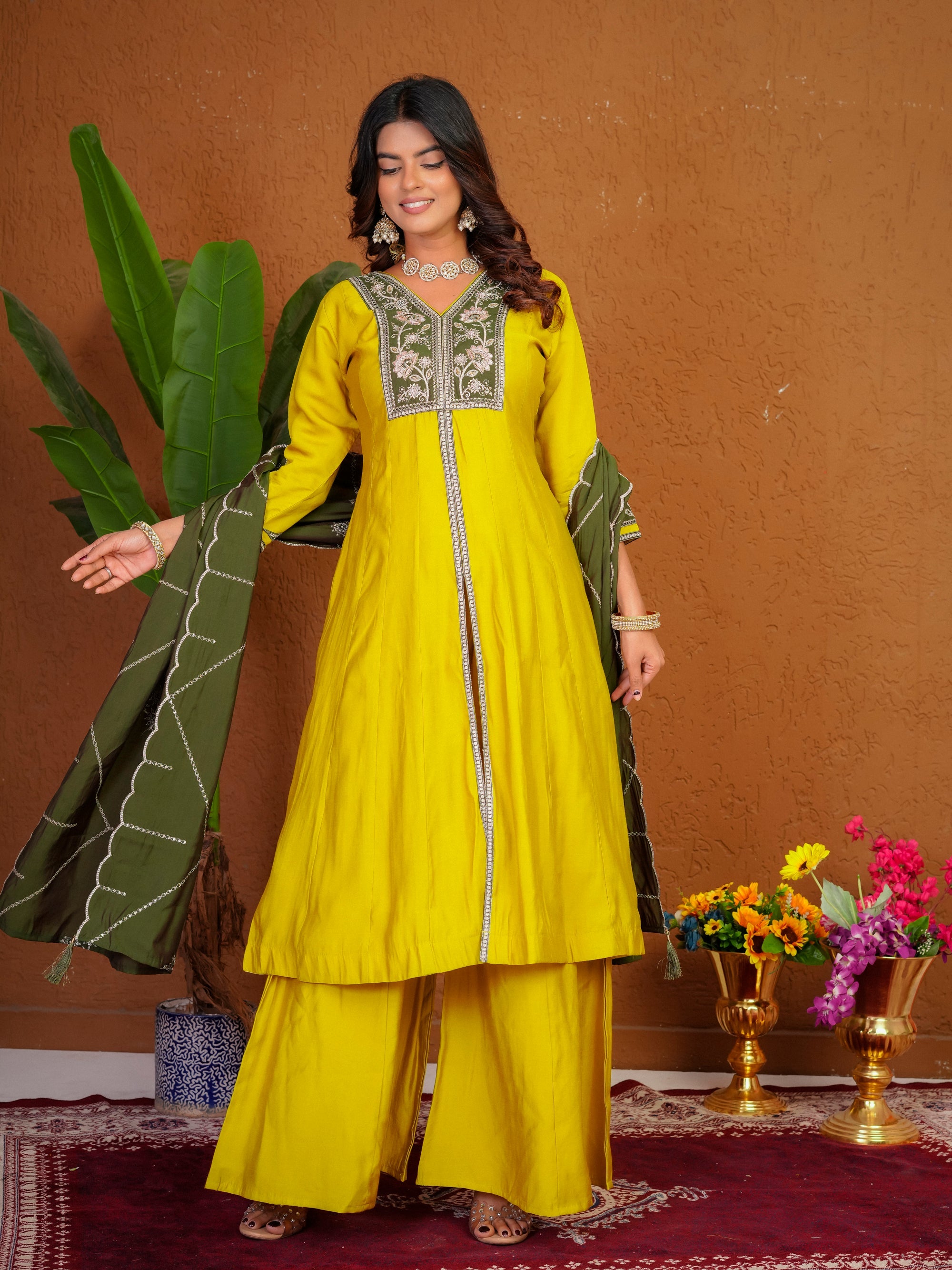 Lorenvalley Fashion Mustard Roman Silk Multi Embroidery Thread With Beautiful Hand Work Kurta Palazzo Dupatta | Grocsy
