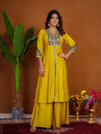 Lorenvalley Fashion Mustard Roman Silk Multi Embroidery Thread With Beautiful Hand Work Kurta Palazzo Dupatta | Grocsy