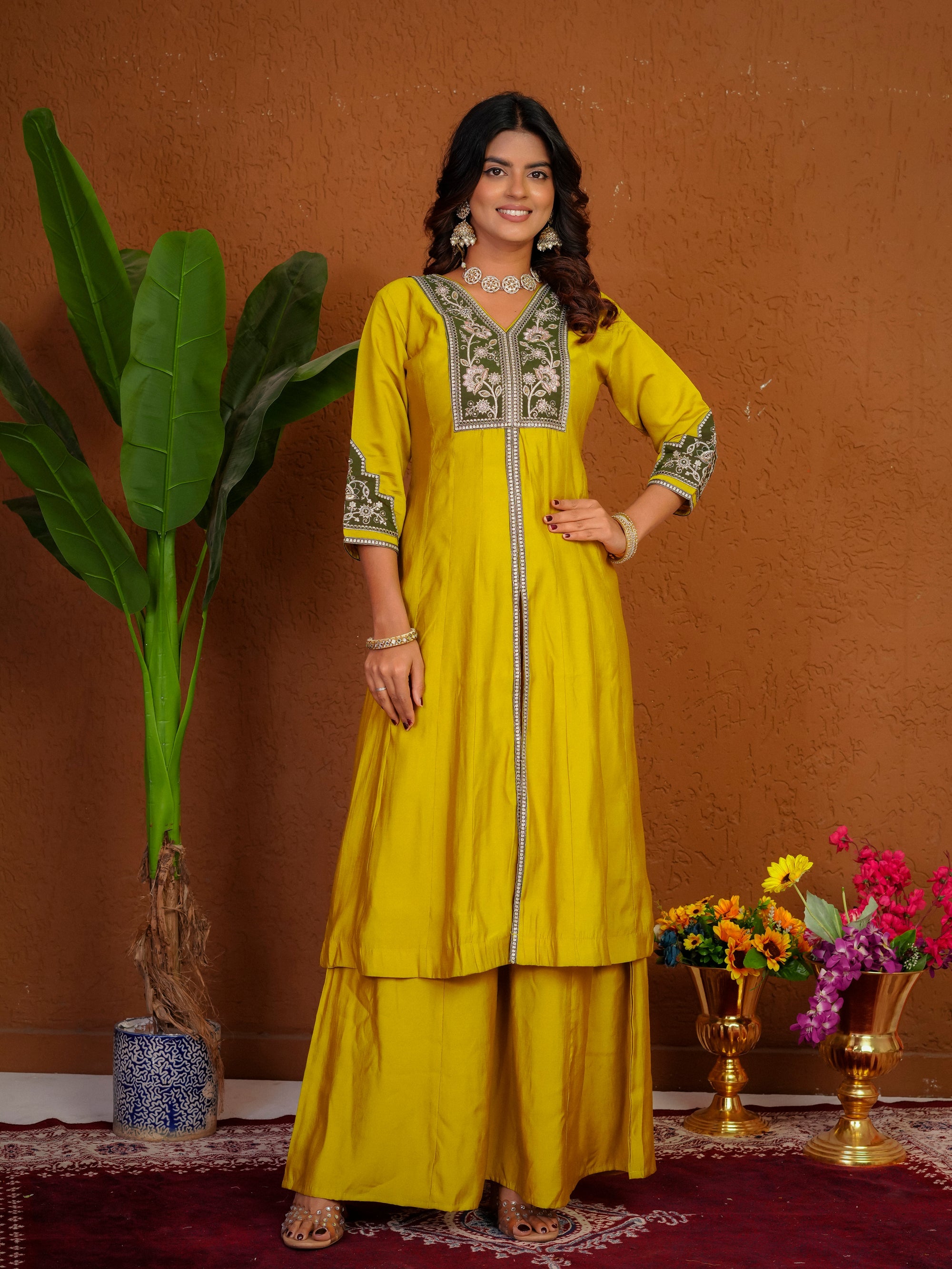 Lorenvalley Fashion Mustard Roman Silk Multi Embroidery Thread With Beautiful Hand Work Kurta Palazzo Dupatta | Grocsy