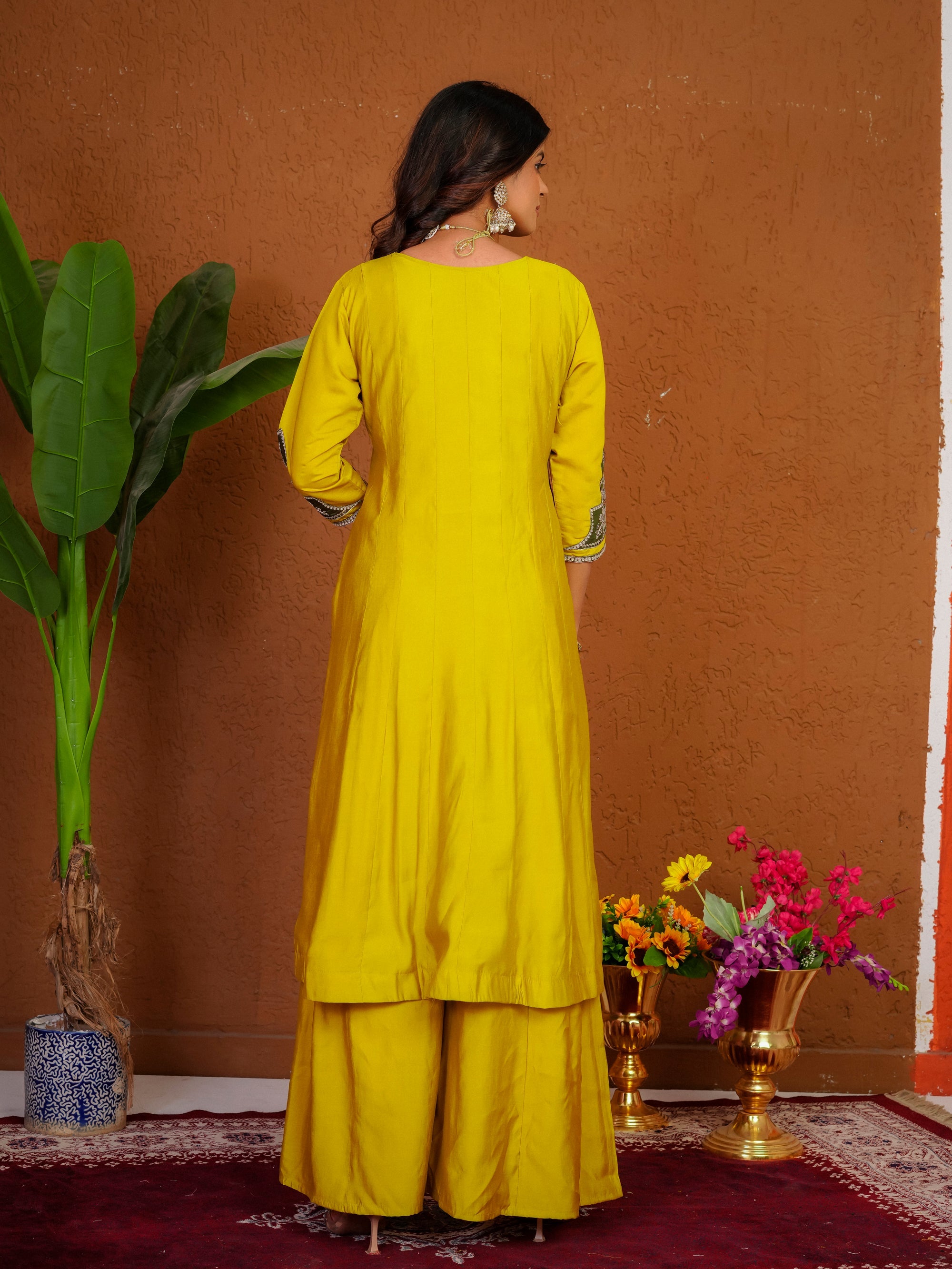 Lorenvalley Fashion Mustard Roman Silk Multi Embroidery Thread With Beautiful Hand Work Kurta Palazzo Dupatta | Grocsy