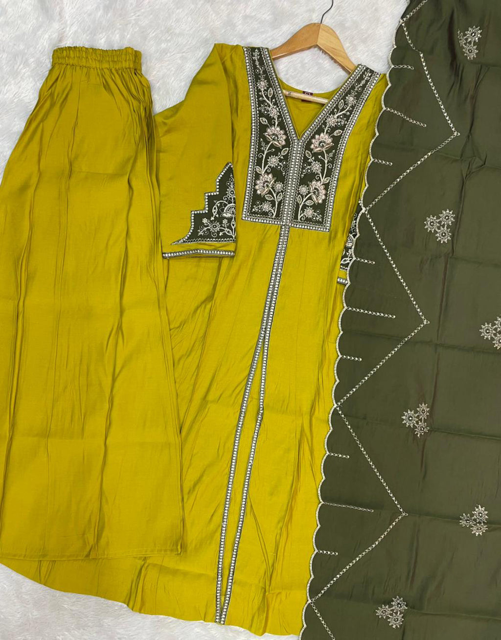 Lorenvalley Fashion Mustard Roman Silk Multi Embroidery Thread With Beautiful Hand Work Kurta Palazzo Dupatta | Grocsy