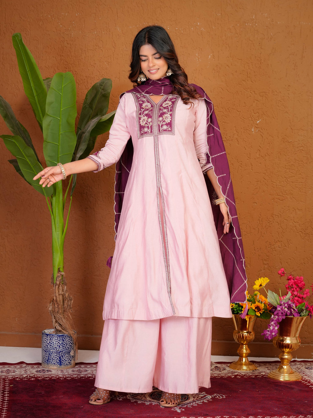 Lorenvalley Fashion Pink Roman Silk Multi Embroidery Thread With Beautiful Hand Work Kurta Palazzo Dupatta | Grocsy