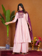 Lorenvalley Fashion Pink Roman Silk Multi Embroidery Thread With Beautiful Hand Work Kurta Palazzo Dupatta | Grocsy