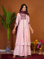 Lorenvalley Fashion Pink Roman Silk Multi Embroidery Thread With Beautiful Hand Work Kurta Palazzo Dupatta | Grocsy