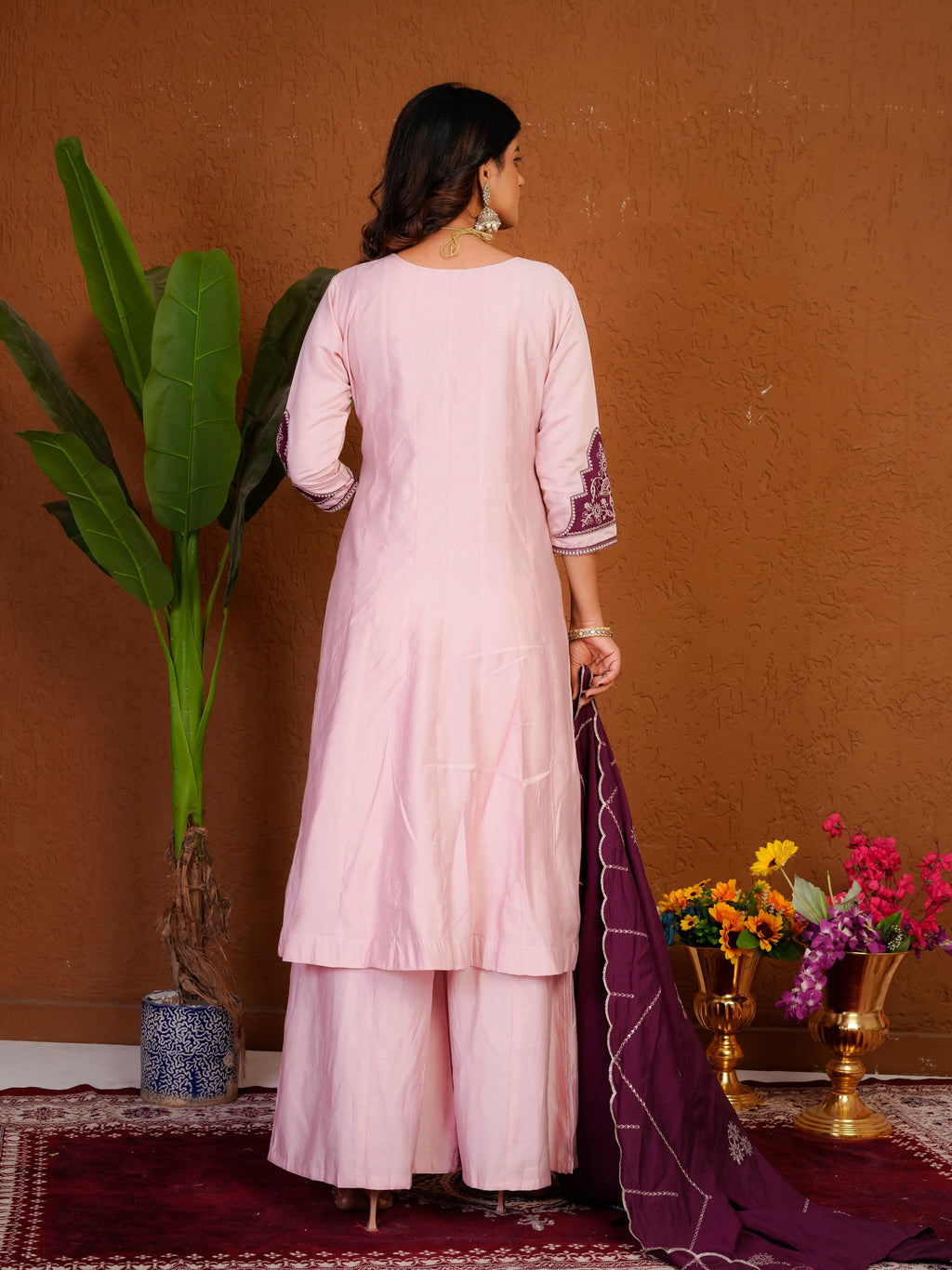 Lorenvalley Fashion Pink Roman Silk Multi Embroidery Thread With Beautiful Hand Work Kurta Palazzo Dupatta | Grocsy