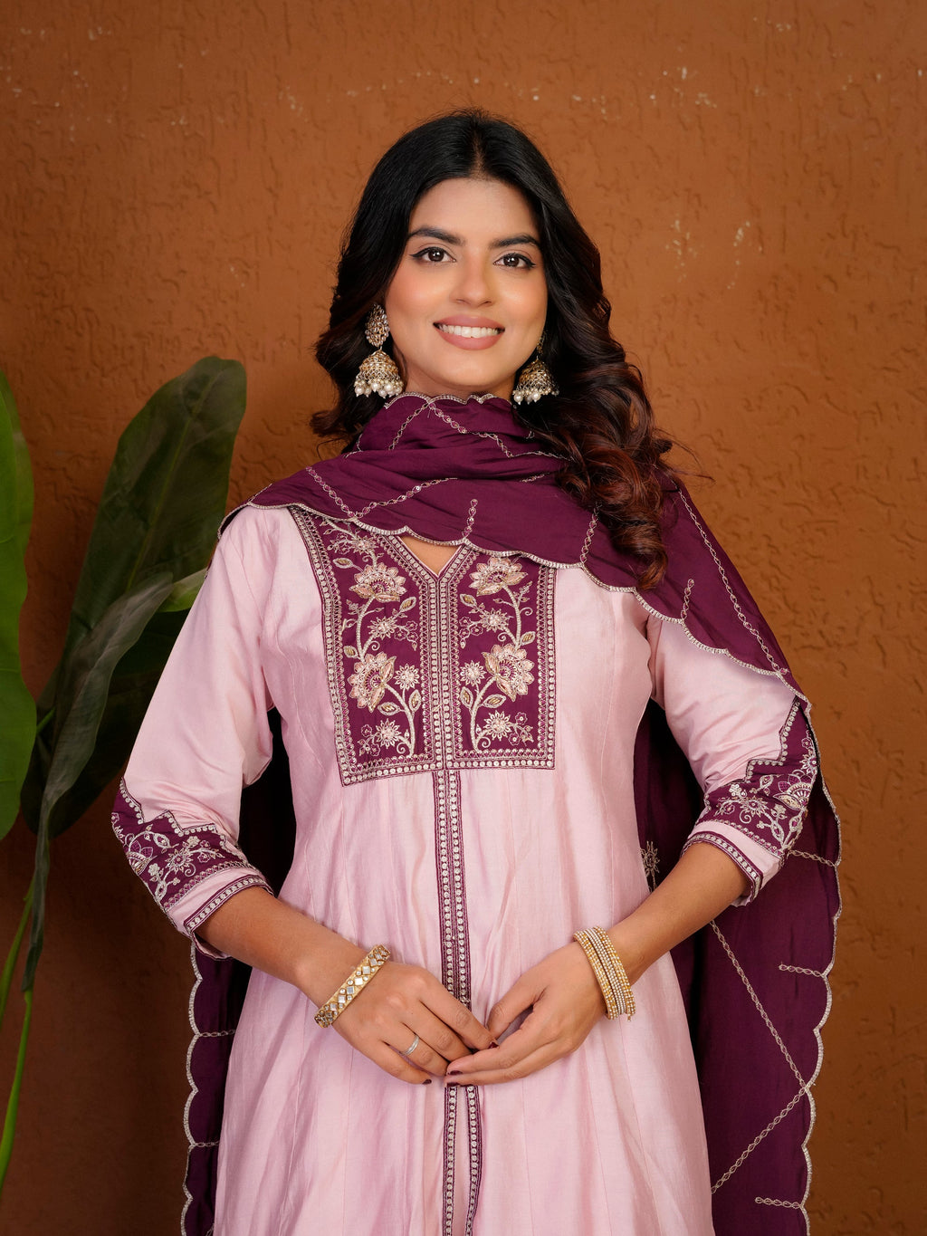 Lorenvalley Fashion Pink Roman Silk Multi Embroidery Thread With Beautiful Hand Work Kurta Palazzo Dupatta | Grocsy