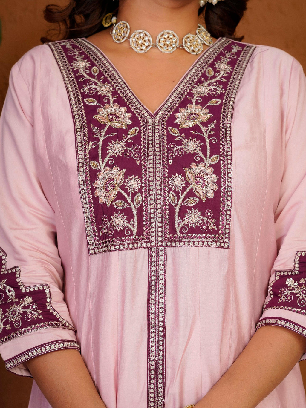 Lorenvalley Fashion Pink Roman Silk Multi Embroidery Thread With Beautiful Hand Work Kurta Palazzo Dupatta | Grocsy