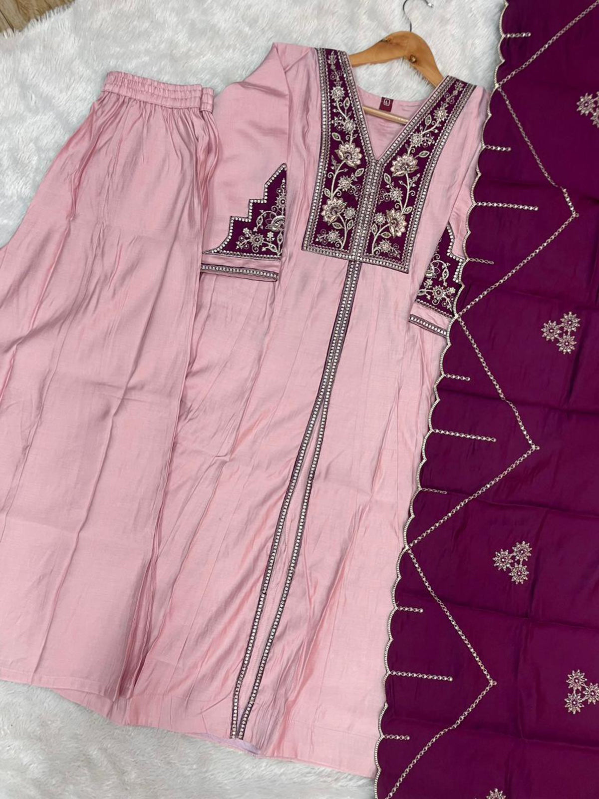 Lorenvalley Fashion Pink Roman Silk Multi Embroidery Thread With Beautiful Hand Work Kurta Palazzo Dupatta | Grocsy