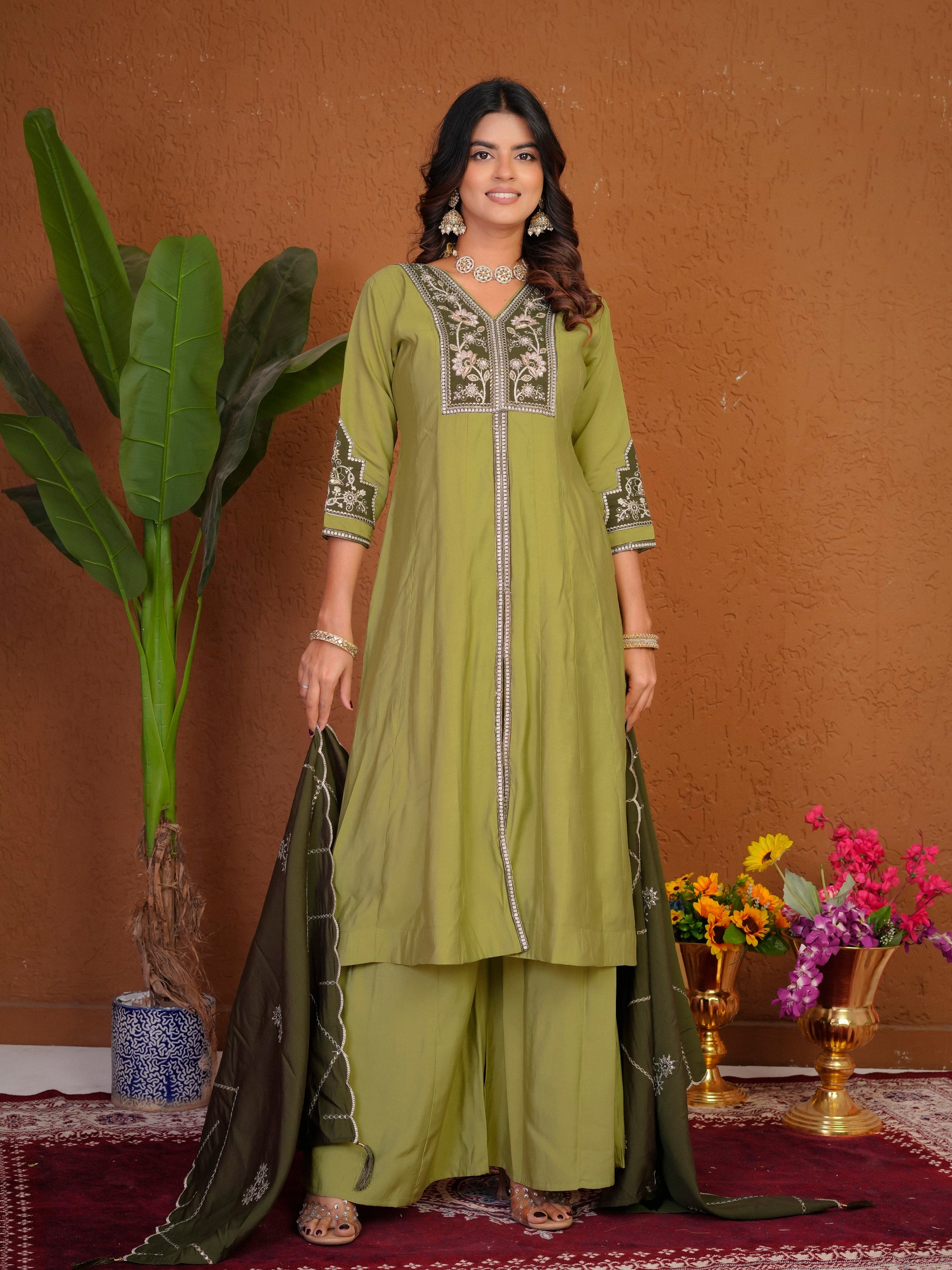Lorenvalley Fashion Pista Roman Silk Multi Embroidery Thread With Beautiful Hand Work Kurta Palazzo Dupatta | Grocsy