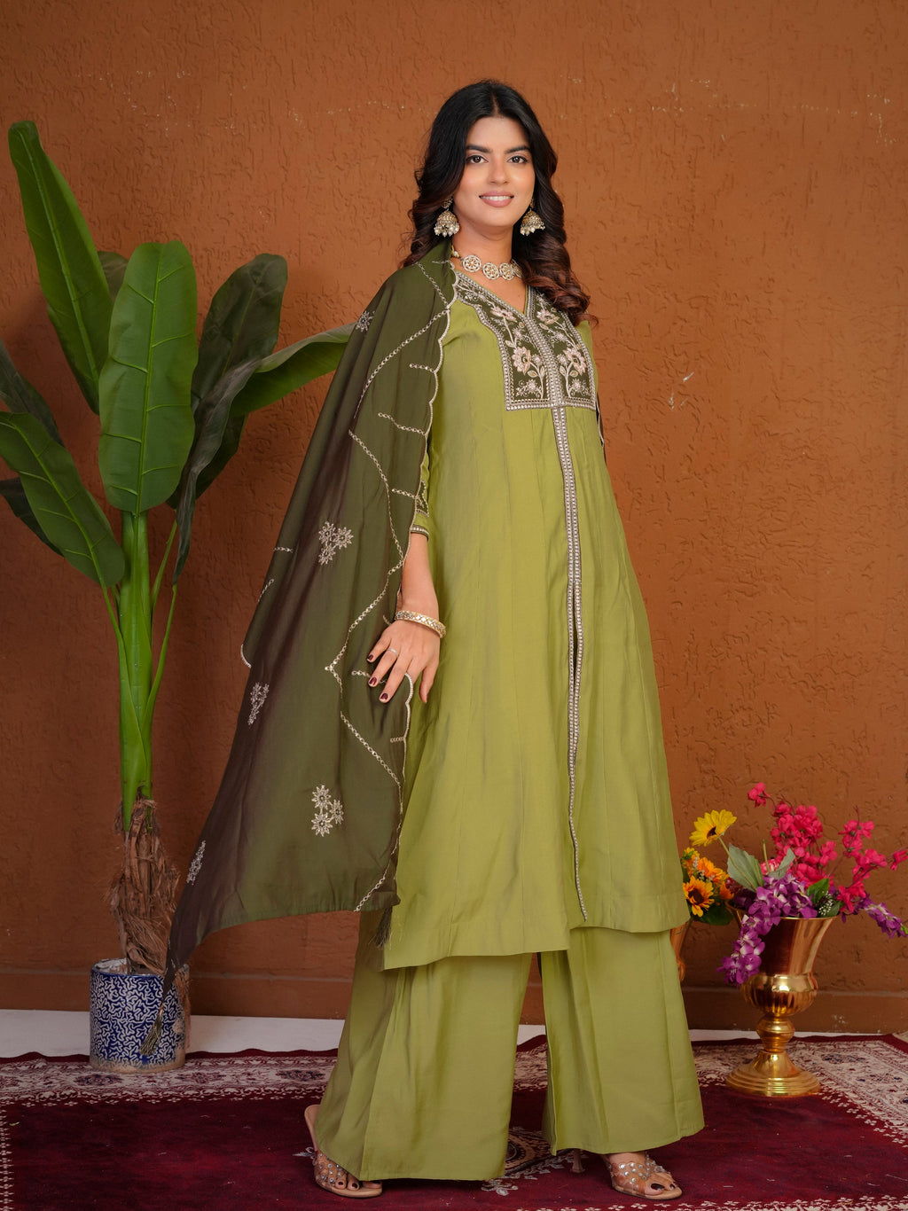 Lorenvalley Fashion Pista Roman Silk Multi Embroidery Thread With Beautiful Hand Work Kurta Palazzo Dupatta | Grocsy