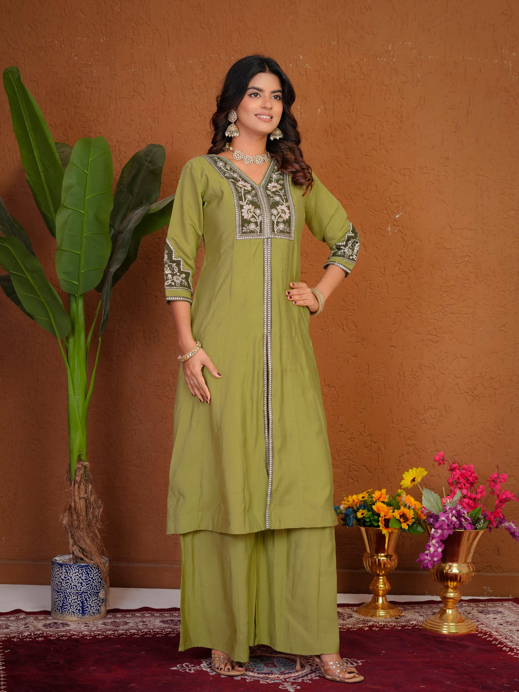 Lorenvalley Fashion Pista Roman Silk Multi Embroidery Thread With Beautiful Hand Work Kurta Palazzo Dupatta | Grocsy