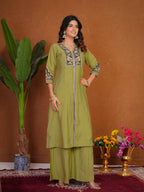 Lorenvalley Fashion Pista Roman Silk Multi Embroidery Thread With Beautiful Hand Work Kurta Palazzo Dupatta | Grocsy