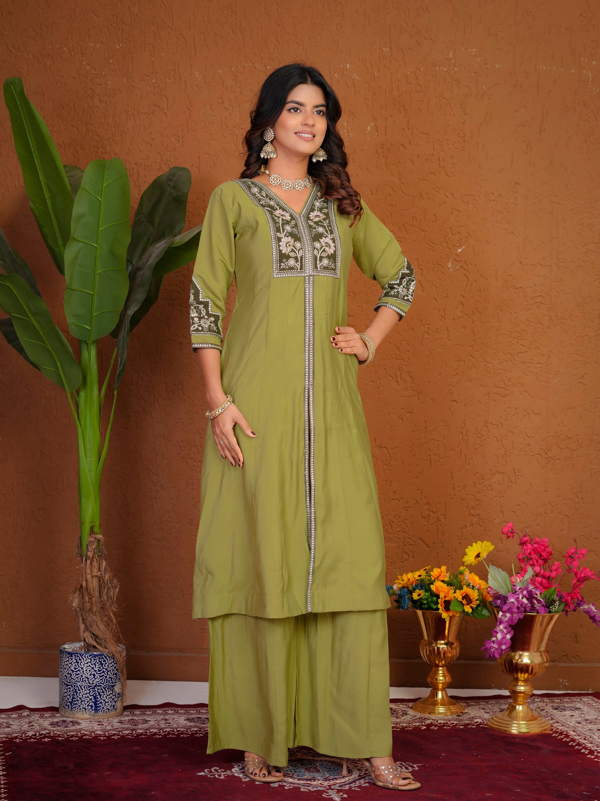 Lorenvalley Fashion Pista Roman Silk Multi Embroidery Thread With Beautiful Hand Work Kurta Palazzo Dupatta | Grocsy