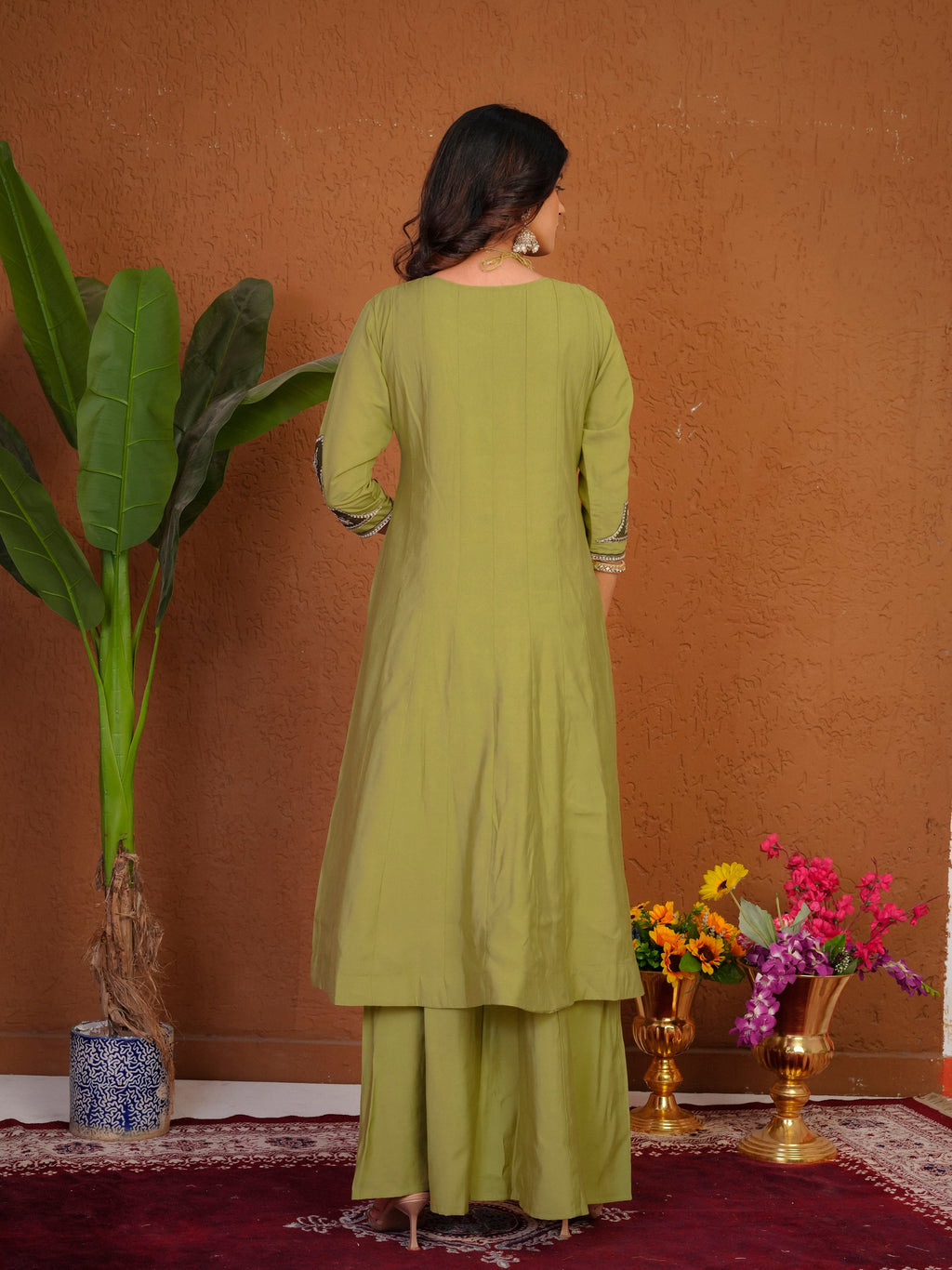 Lorenvalley Fashion Pista Roman Silk Multi Embroidery Thread With Beautiful Hand Work Kurta Palazzo Dupatta | Grocsy