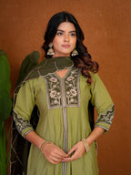 Lorenvalley Fashion Pista Roman Silk Multi Embroidery Thread With Beautiful Hand Work Kurta Palazzo Dupatta | Grocsy