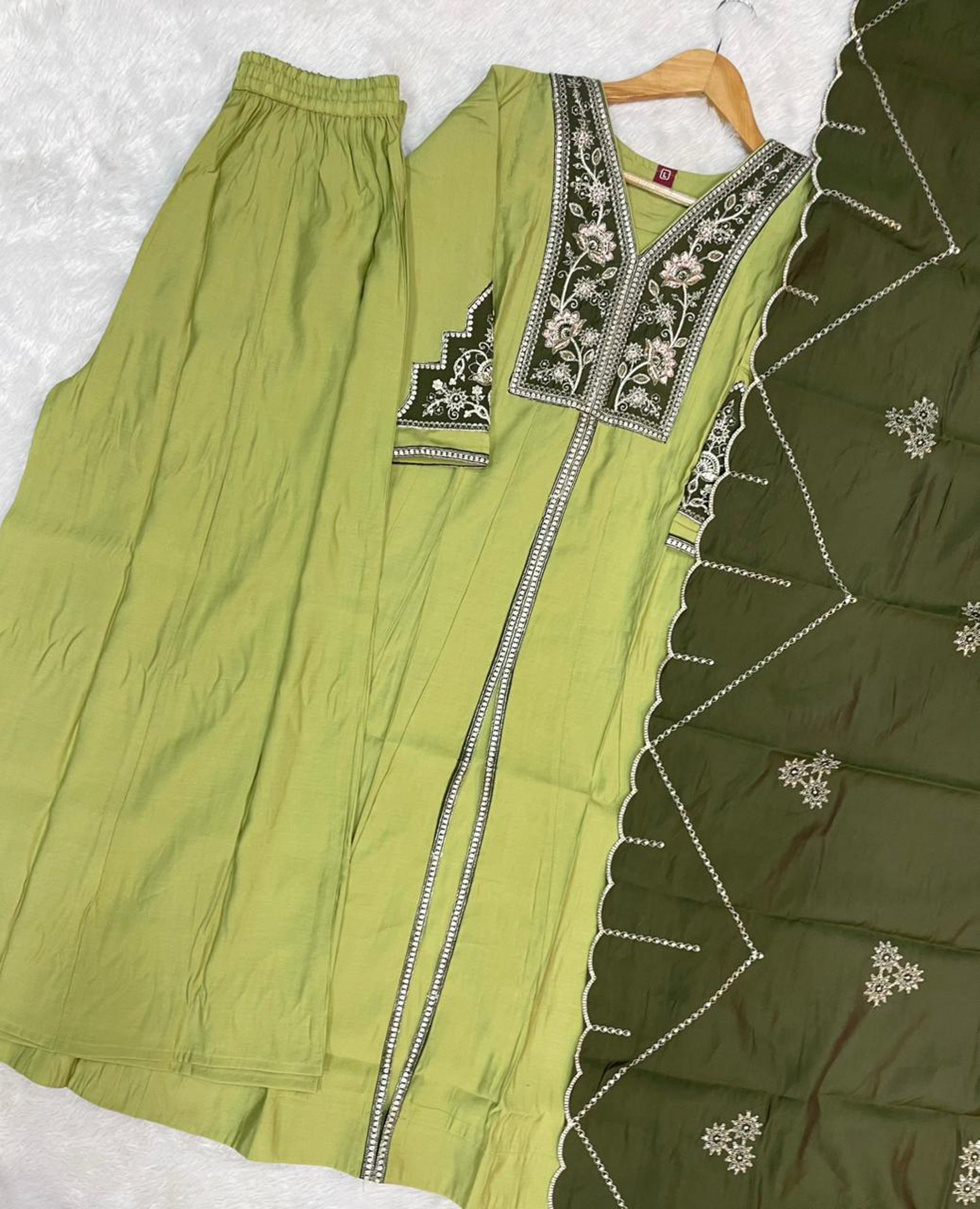 Lorenvalley Fashion Pista Roman Silk Multi Embroidery Thread With Beautiful Hand Work Kurta Palazzo Dupatta | Grocsy