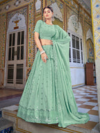 Myra Pista Green Georgette Embroidered Designer Lehenga Choli | Grocsy