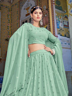 Myra Pista Green Georgette Embroidered Designer Lehenga Choli | Grocsy
