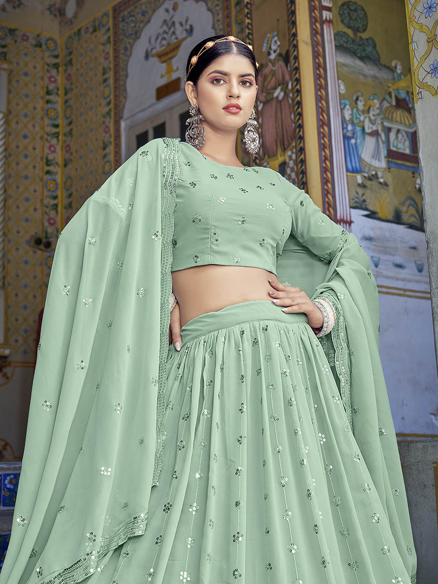 Myra Pista Green Georgette Embroidered Designer Lehenga Choli | Grocsy