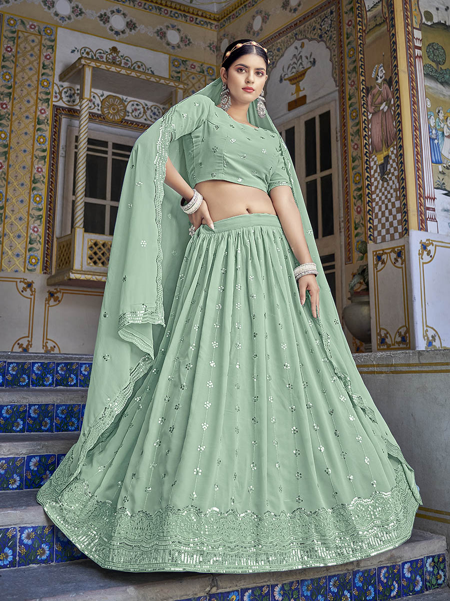Myra Pista Green Georgette Embroidered Designer Lehenga Choli | Grocsy