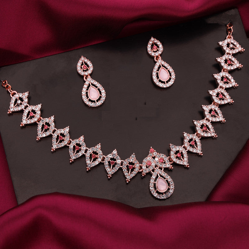 Tehzeeb Creations Pink Colour Diamond Choker Necklace Jewellery Set With Matching Pair of Earrings For Women And Girls | Grocsy