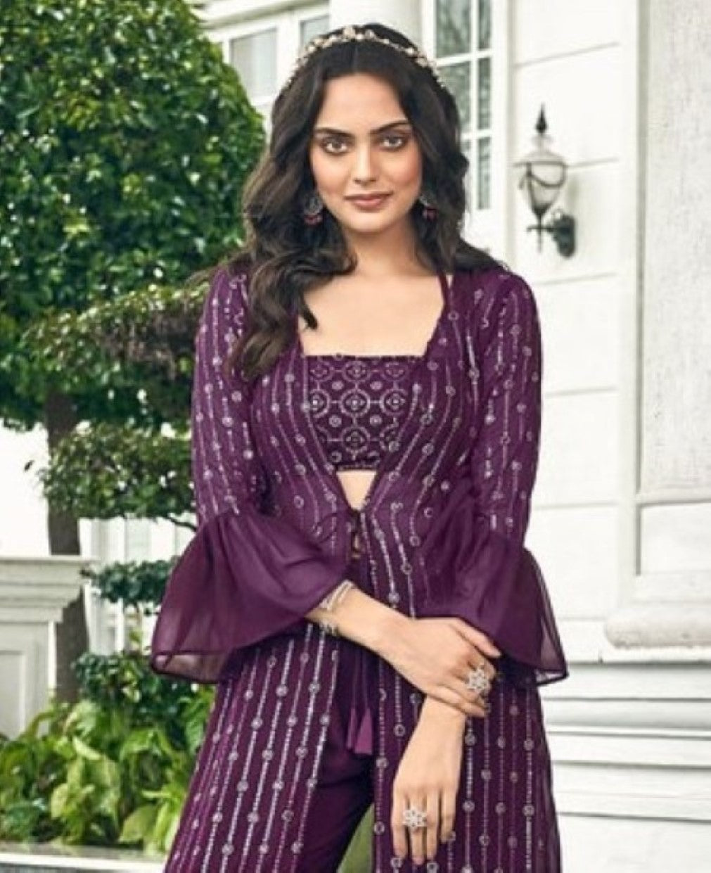 Anaita Purple Georgette Stitched Shrug Suit With Sequence Thread Work | Grocsy