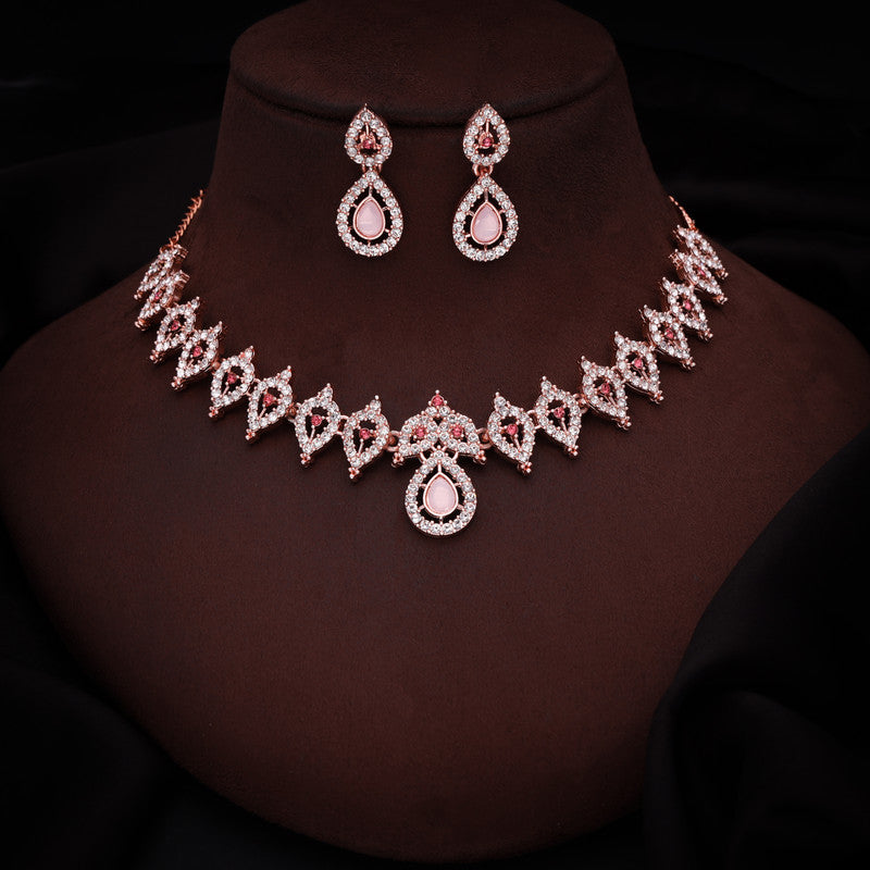 Tehzeeb Creations Pink Colour Diamond Choker Necklace Jewellery Set With Matching Pair of Earrings For Women And Girls | Grocsy