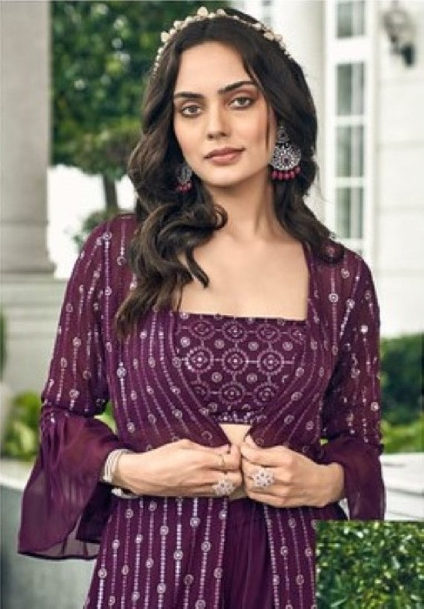 Anaita Purple Georgette Stitched Shrug Suit With Sequence Thread Work | Grocsy