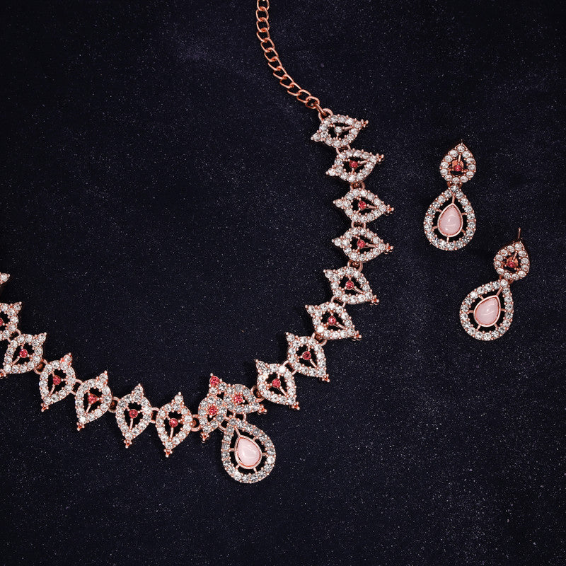 Tehzeeb Creations Pink Colour Diamond Choker Necklace Jewellery Set With Matching Pair of Earrings For Women And Girls | Grocsy