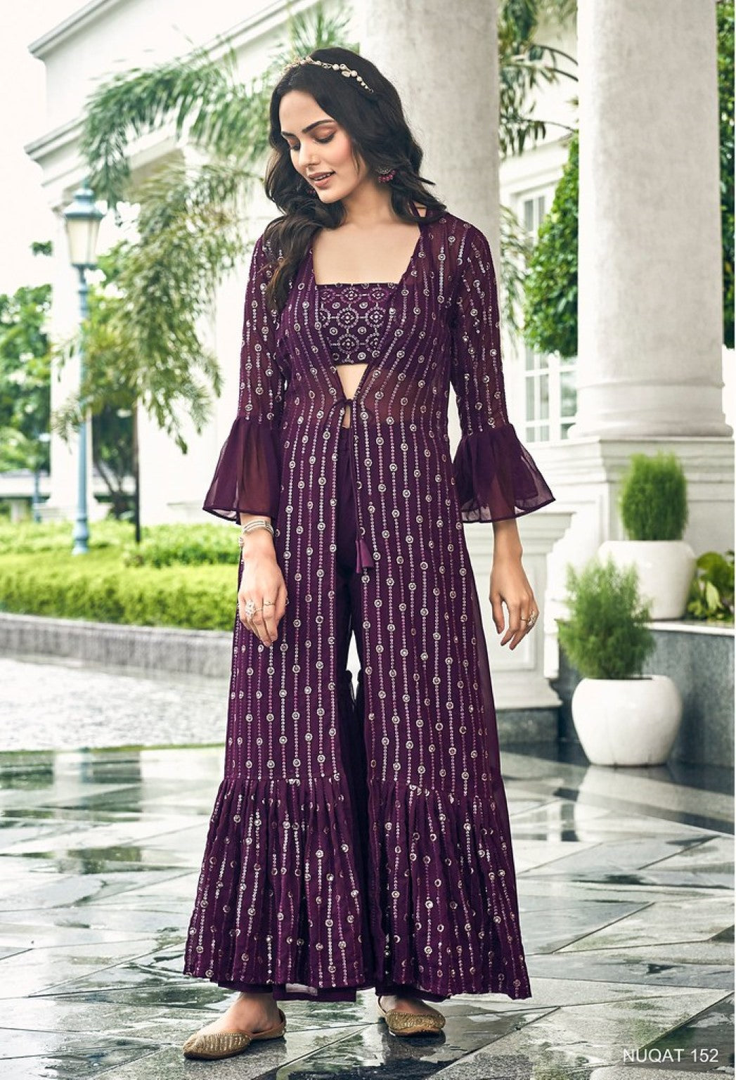 Anaita Purple Georgette Stitched Shrug Suit With Sequence Thread Work | Grocsy