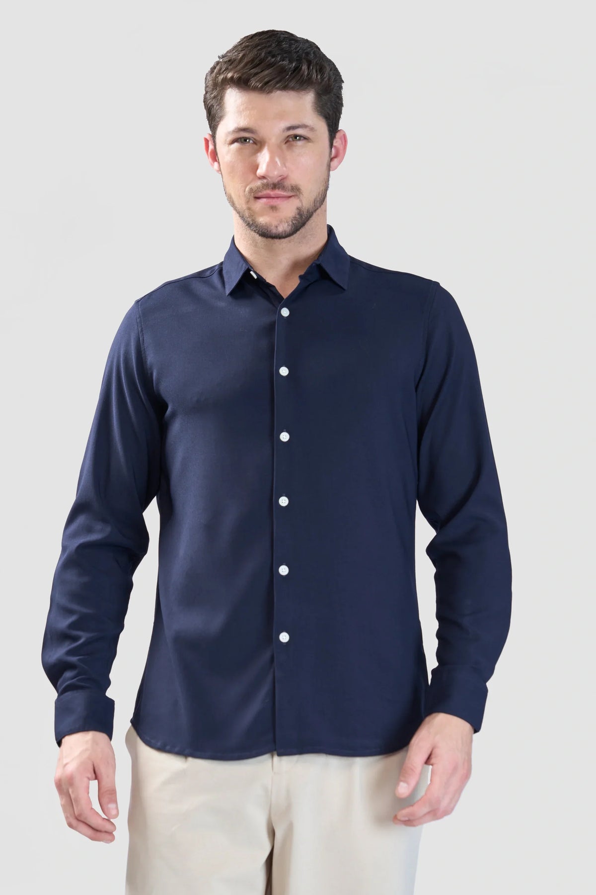 Xkind Navy Blue Plain Slim Fit Shirt | Grocsy