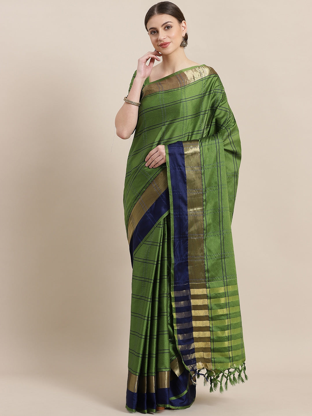 Saree Mall Green & Blue Checked Saree | Grocsy