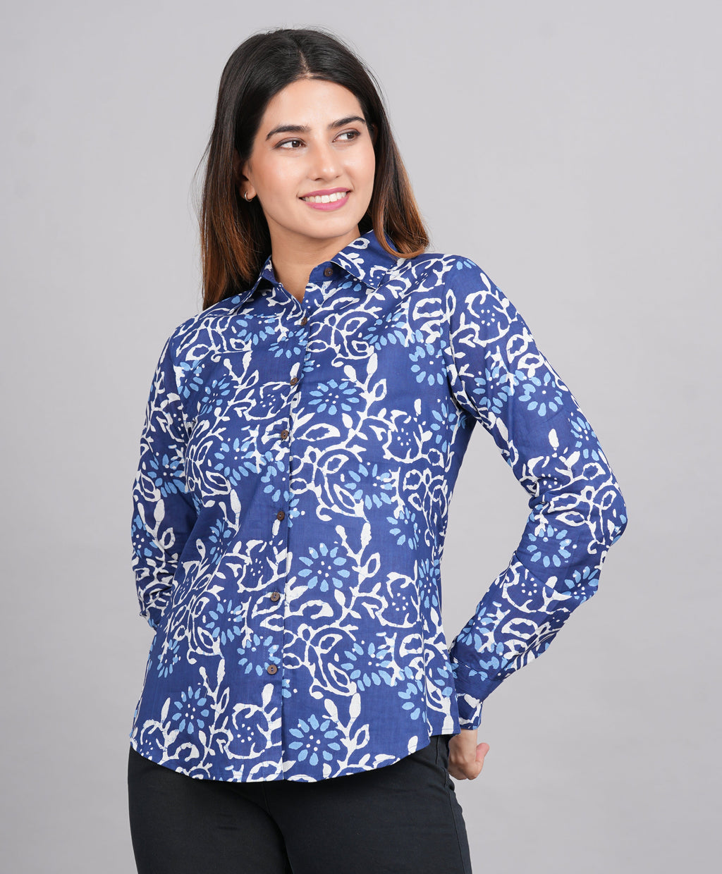 House of RP Women's Blue Cotton Floral Printed Casual Shirt | Grocsy