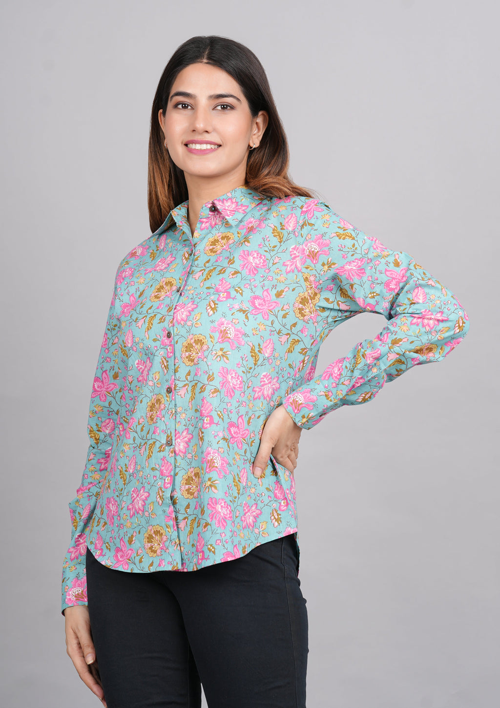 House of RP Women's Green Cotton Floral Printed Casual Shirt | Grocsy