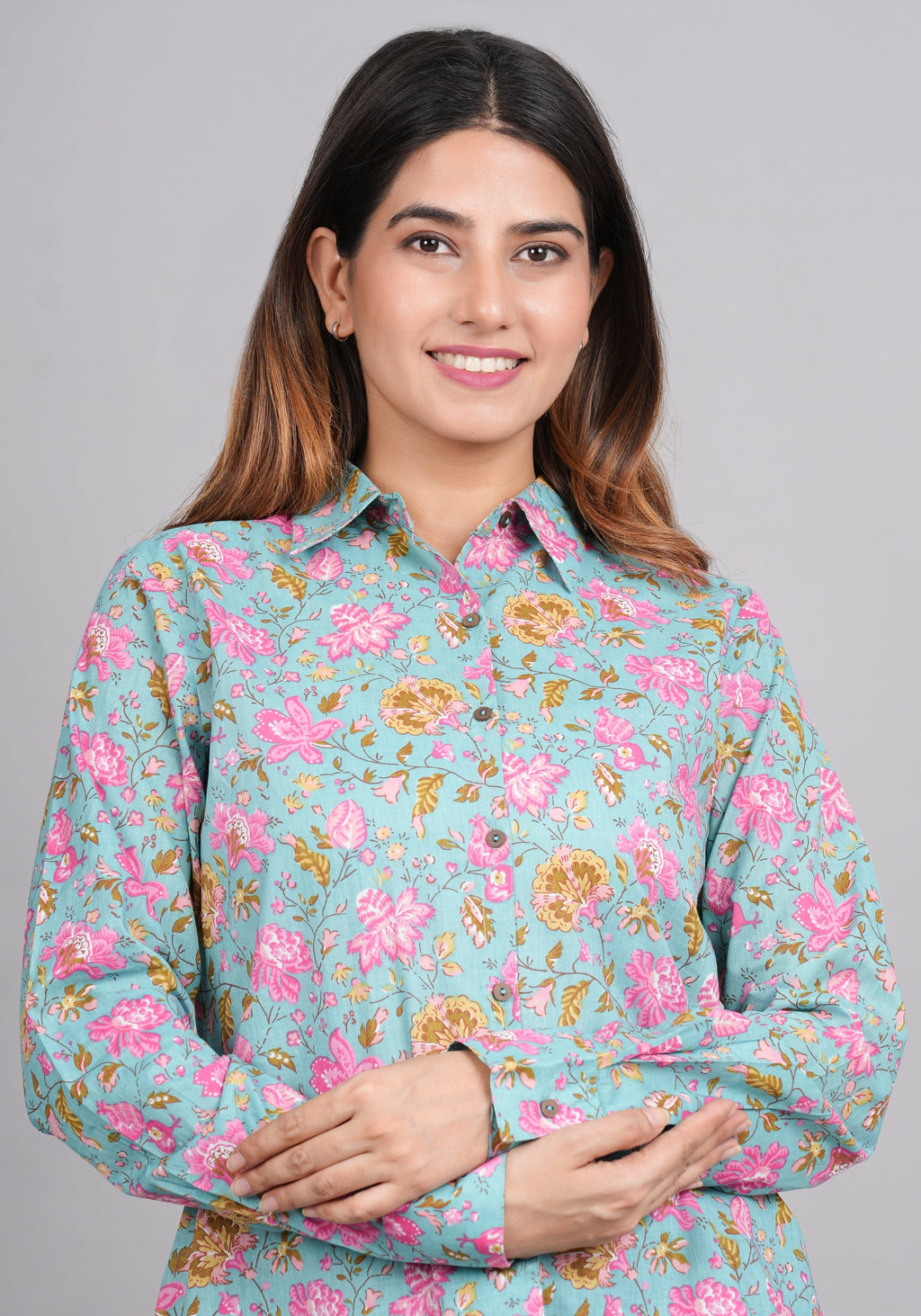 House of RP Women's Green Cotton Floral Printed Casual Shirt | Grocsy